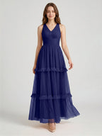 Dark Navy Tulle A-Line V-Neck Keyhole Back Floor-Length Pleated Bridesmaid Dress - Curvevia