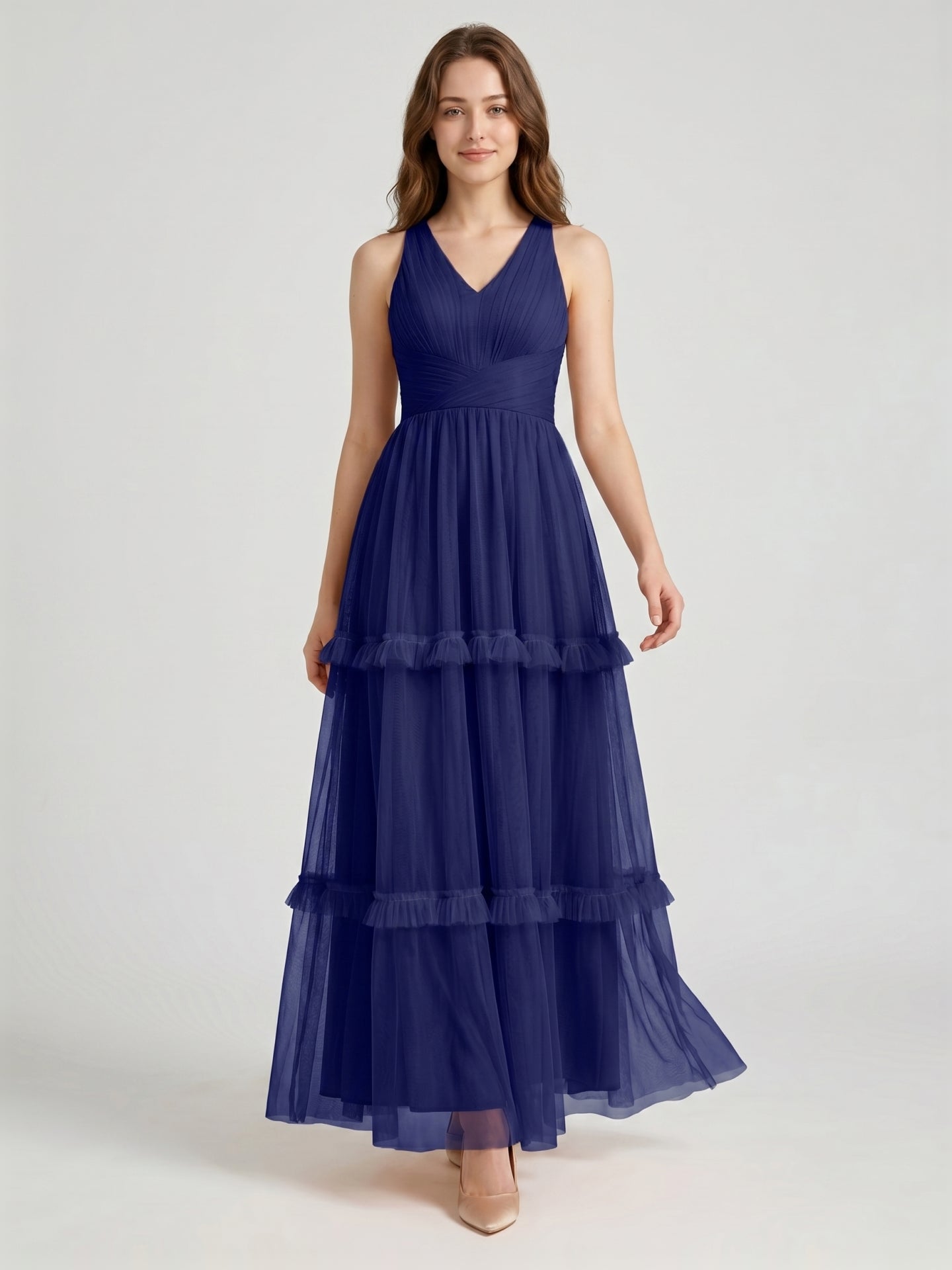 Dark Navy Tulle A-Line V-Neck Keyhole Back Floor-Length Pleated Bridesmaid Dress - Curvevia