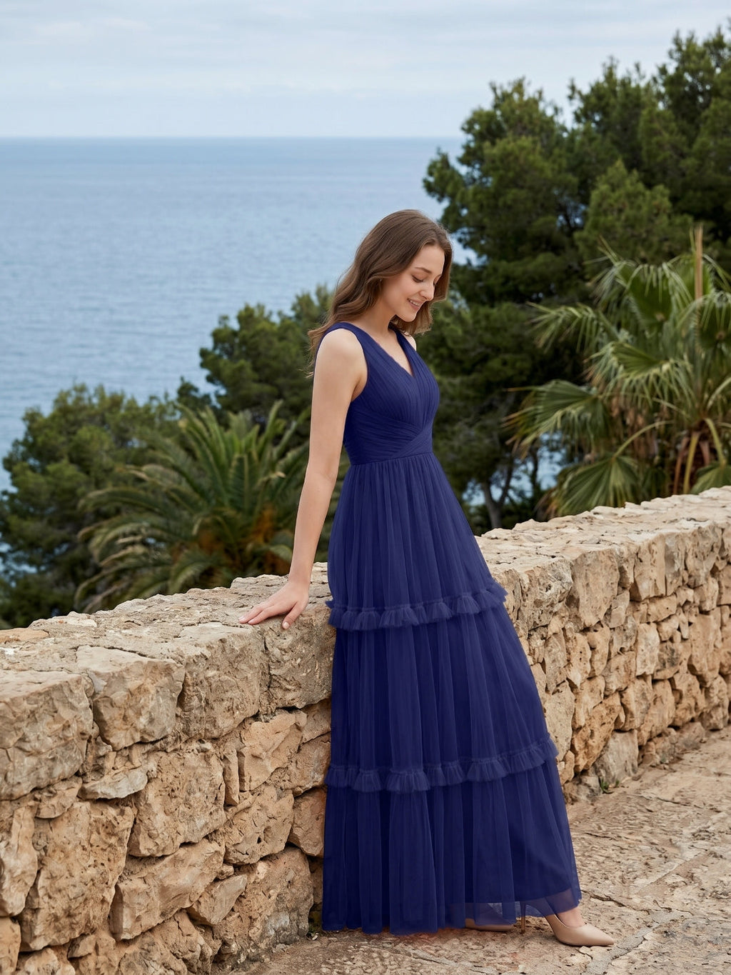 Dark Navy Tulle A-Line V-Neck Keyhole Back Floor-Length Pleated Bridesmaid Dress - Curvevia