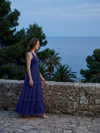 Dark Navy Tulle A-Line V-Neck Keyhole Back Floor-Length Pleated Bridesmaid Dress - Curvevia
