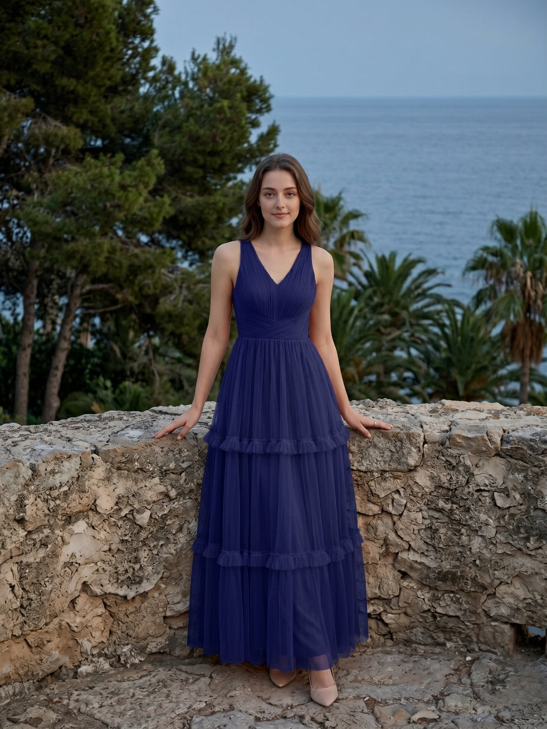 Dark Navy Tulle A-Line V-Neck Keyhole Back Floor-Length Pleated Bridesmaid Dress - Curvevia