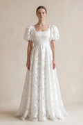 A-Line Square Neck Vintage Lace Wedding Dresses - Curvevia