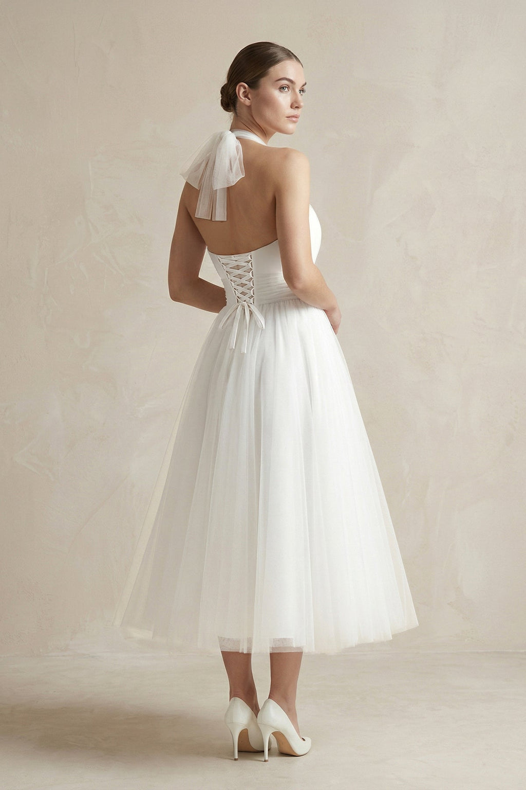 Halter A-Line Tea Length Tulle Wedding Dress With Ruching - Curvevia