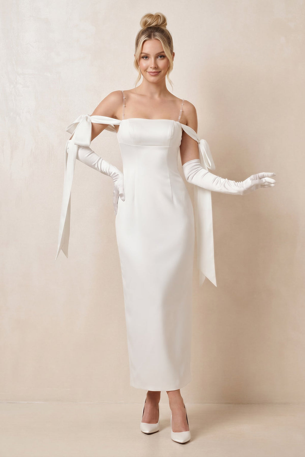 Simple Sheath Off-The-Shoulder Ankle-Length Satin Wedding Dresses - Curvevia