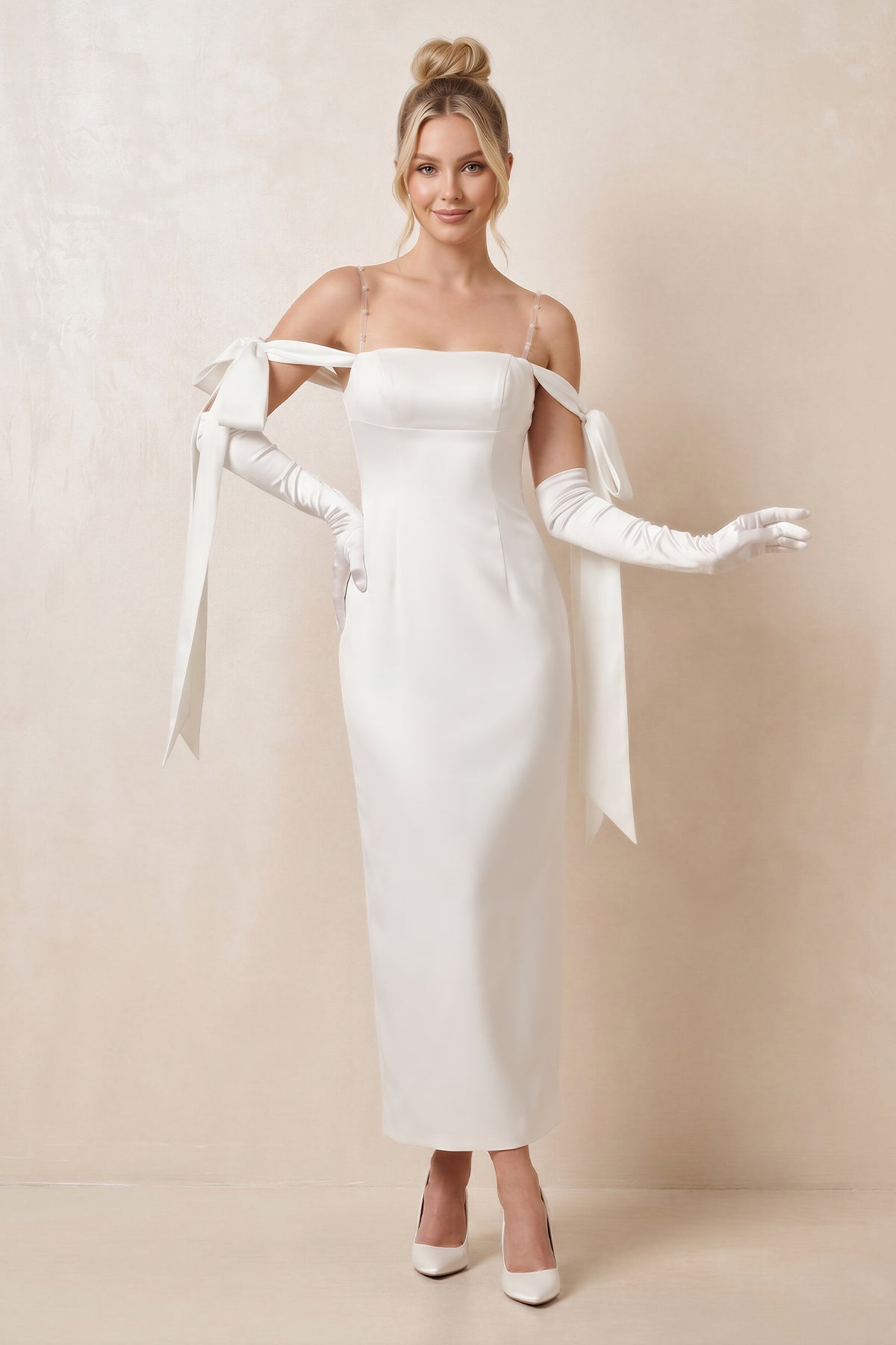 Simple Sheath Off-The-Shoulder Ankle-Length Satin Wedding Dresses - Curvevia