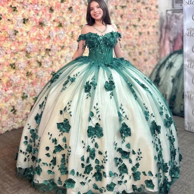 3D Flowers Off Shoulder Tulle Appliques Beaded Quinceanera Dress - Curvevia