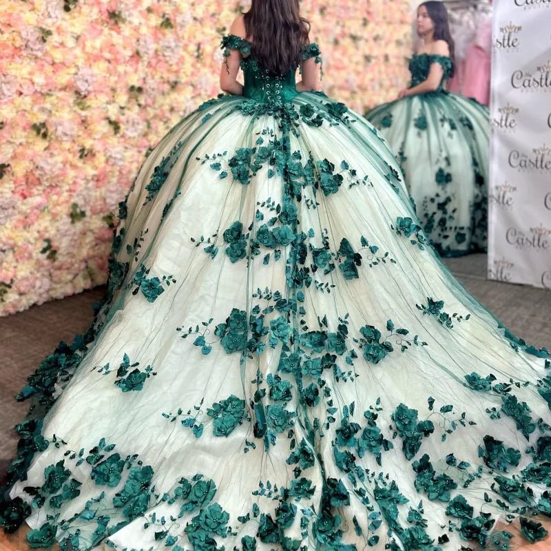 3D Flowers Off Shoulder Tulle Appliques Beaded Quinceanera Dress - Curvevia