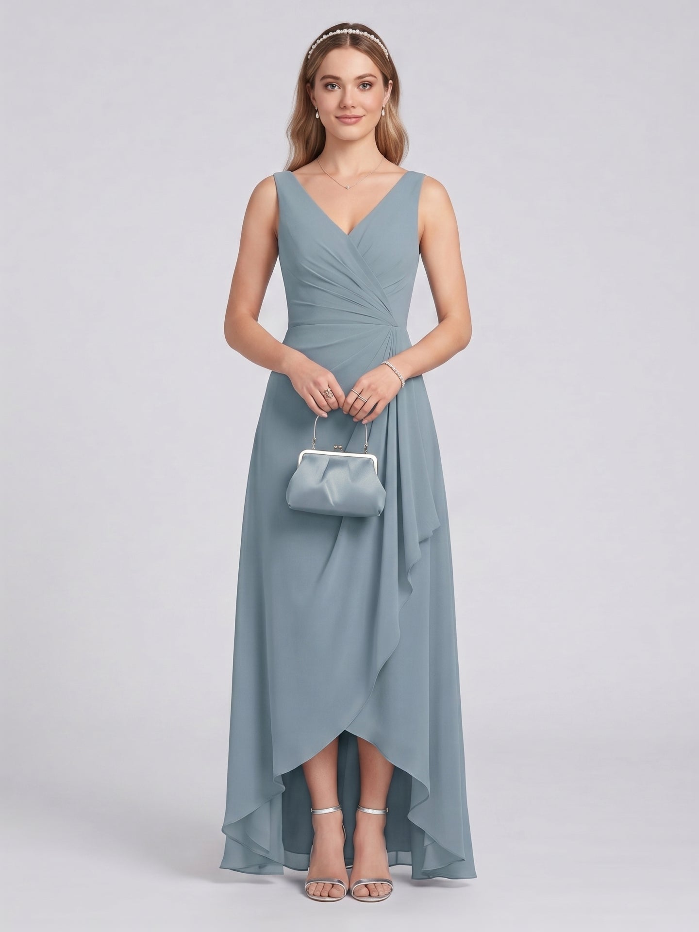 Elegant Dusty Blue Chiffon A-Line V-Neck V-Back with nan Ankle-Length Bridesmaid Dress - Curvevia