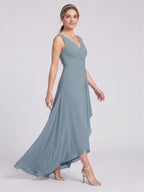 Elegant Dusty Blue Chiffon A-Line V-Neck V-Back with nan Ankle-Length Bridesmaid Dress - Curvevia