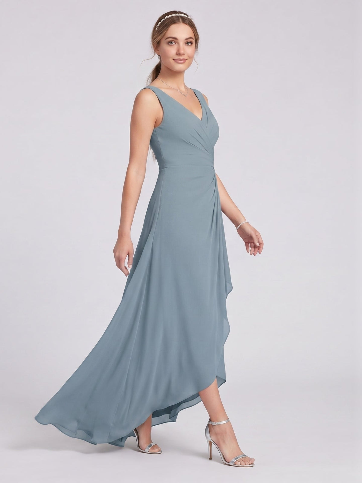 Elegant Dusty Blue Chiffon A-Line V-Neck V-Back with nan Ankle-Length Bridesmaid Dress - Curvevia
