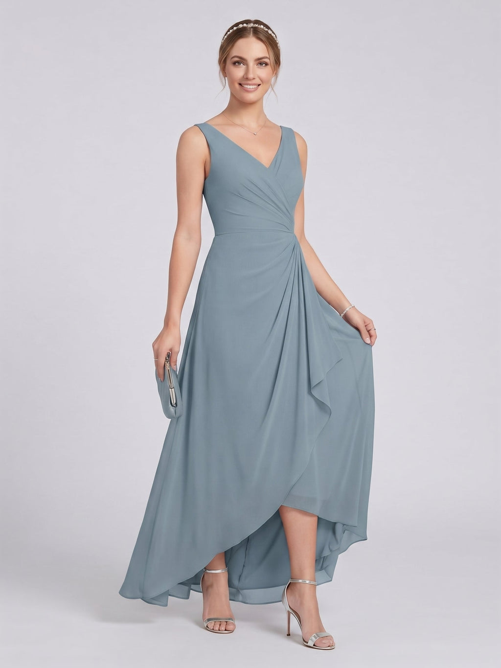 Elegant Dusty Blue Chiffon A-Line V-Neck V-Back with nan Ankle-Length Bridesmaid Dress - Curvevia