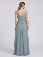 Elegant Dusty Blue Chiffon A-Line V-Neck V-Back with nan Ankle-Length Bridesmaid Dress - Curvevia