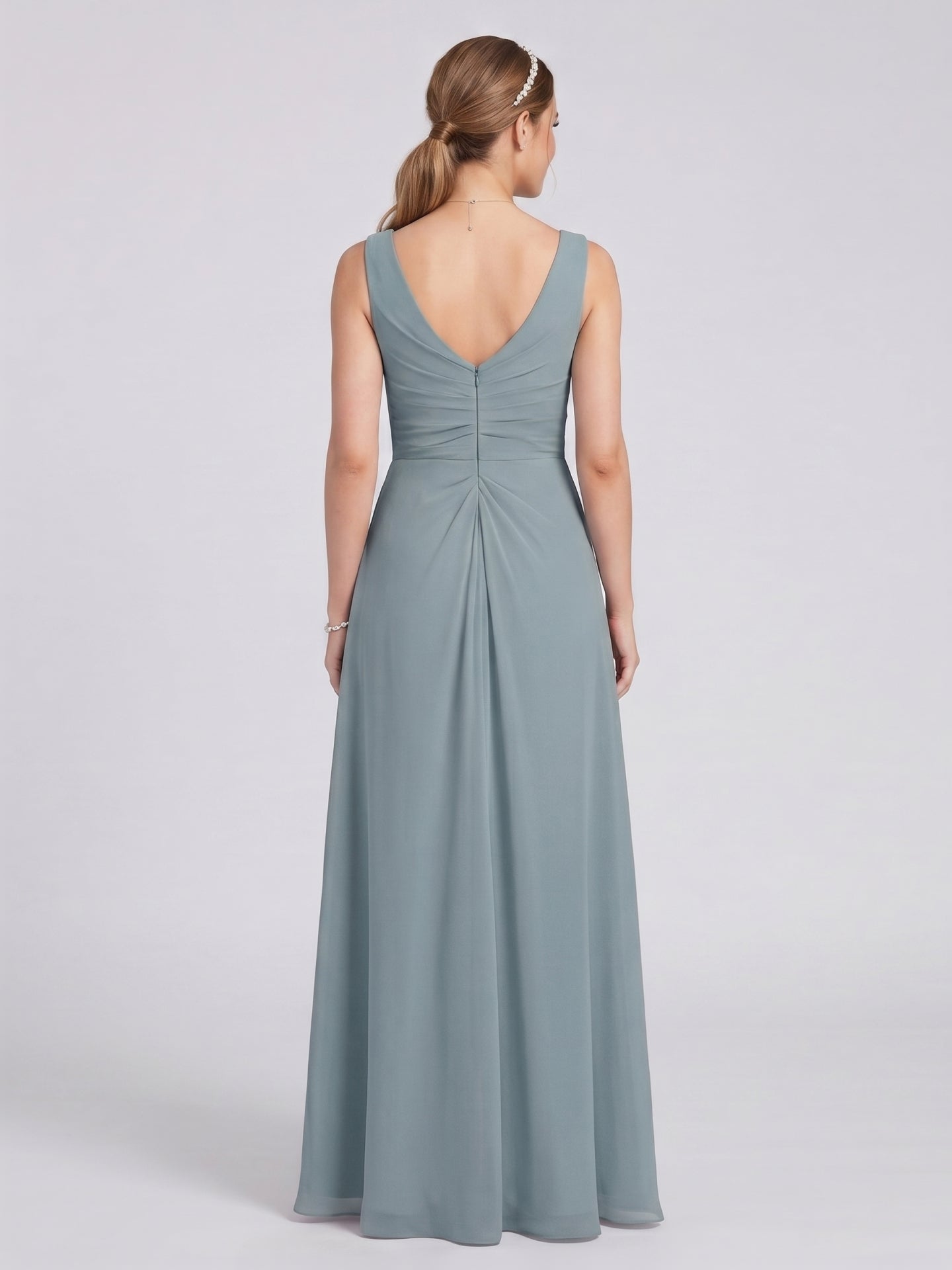 Elegant Dusty Blue Chiffon A-Line V-Neck V-Back with nan Ankle-Length Bridesmaid Dress - Curvevia
