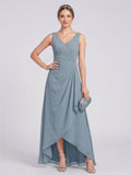 Elegant Dusty Blue Chiffon A-Line V-Neck V-Back with nan Ankle-Length Bridesmaid Dress - Curvevia