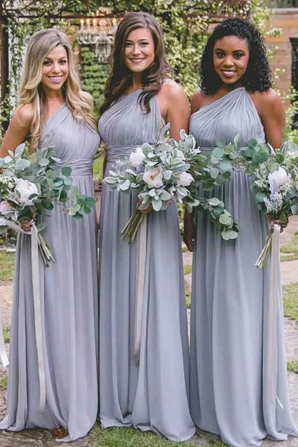 Dusty Blue One Shoulder Chiffon Long Boho Pleated Bridesmaid Dress - Curvevia