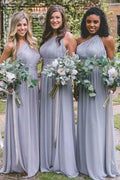 Dusty Blue One Shoulder Chiffon Long Boho Pleated Bridesmaid Dress - Curvevia