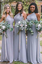 Dusty Blue One Shoulder Chiffon Long Boho Pleated Bridesmaid Dress - Curvevia