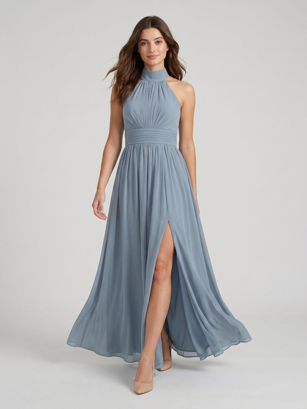Dusty Blue Chiffon A-Line Halter Neckline Bow Back Floor-Length Bridesmaid Dress with Pleating - Curvevia