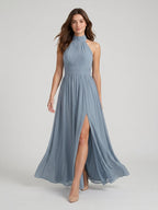 Dusty Blue Chiffon A-Line Halter Neckline Bow Back Floor-Length Bridesmaid Dress with Pleating - Curvevia