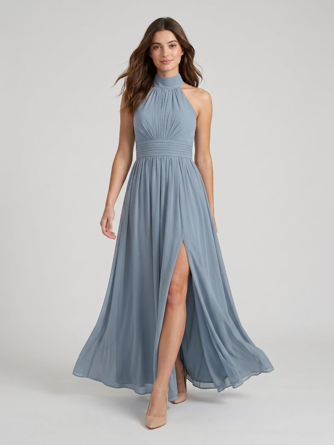 Dusty Blue Chiffon A-Line Halter Neckline Bow Back Floor-Length Bridesmaid Dress with Pleating - Curvevia