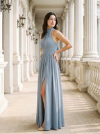 Dusty Blue Chiffon A-Line Halter Neckline Bow Back Floor-Length Bridesmaid Dress with Pleating - Curvevia