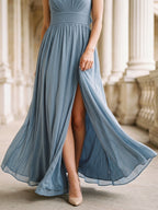 Dusty Blue Chiffon A-Line Halter Neckline Bow Back Floor-Length Bridesmaid Dress with Pleating - Curvevia