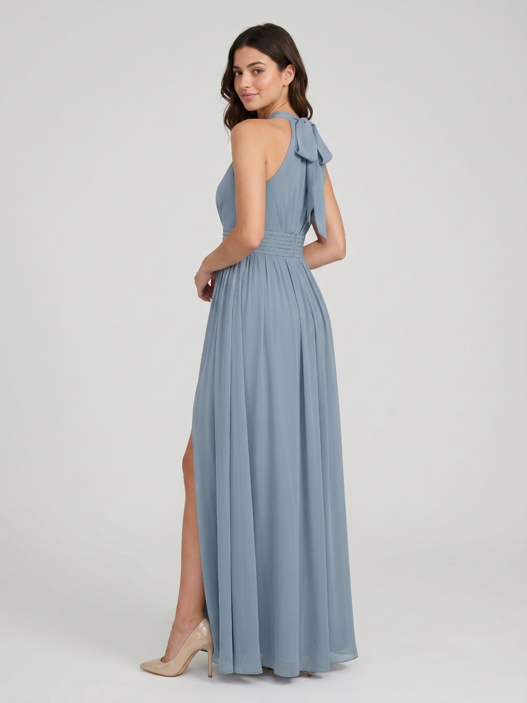 Dusty Blue Chiffon A-Line Halter Neckline Bow Back Floor-Length Bridesmaid Dress with Pleating - Curvevia