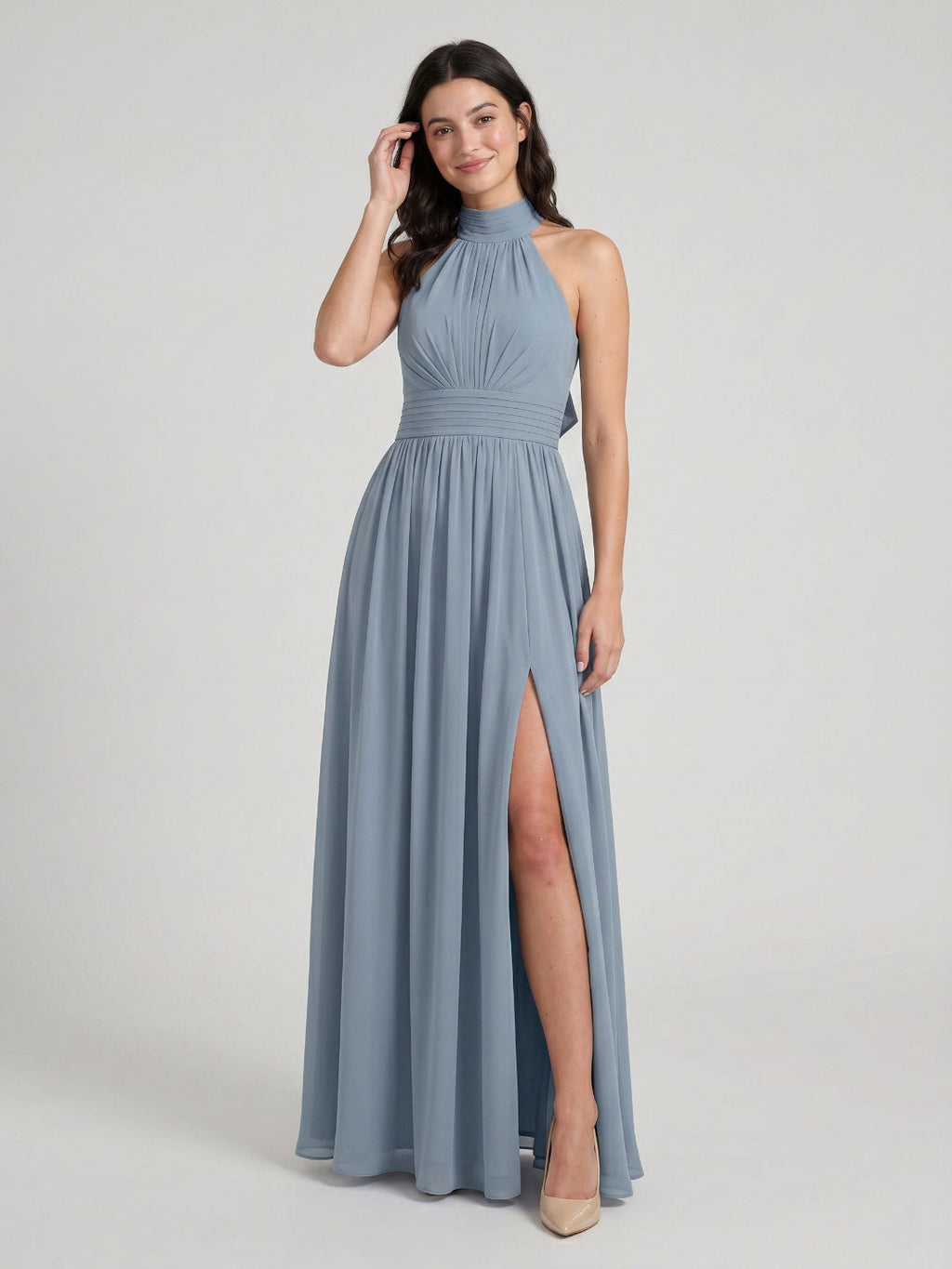 Dusty Blue Chiffon A-Line Halter Neckline Bow Back Floor-Length Bridesmaid Dress with Pleating - Curvevia