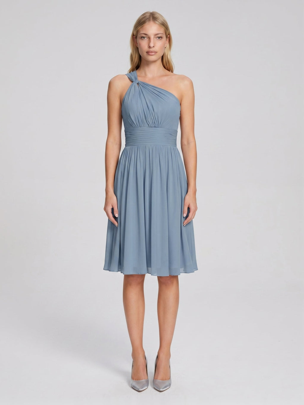 Dusty Blue Chiffon A-Line One Shoulder Back Zip Knee-Length Bridesmaid Dress with Pleats - Curvevia