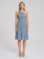 Dusty Blue Chiffon A-Line One Shoulder Back Zip Knee-Length Bridesmaid Dress with Pleats - Curvevia