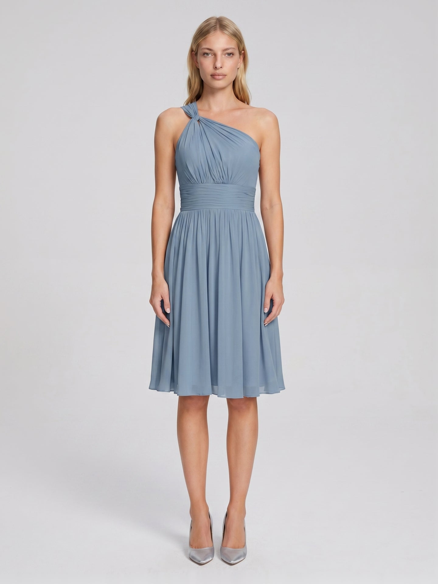 Dusty Blue Chiffon A-Line One Shoulder Back Zip Knee-Length Bridesmaid Dress with Pleats - Curvevia