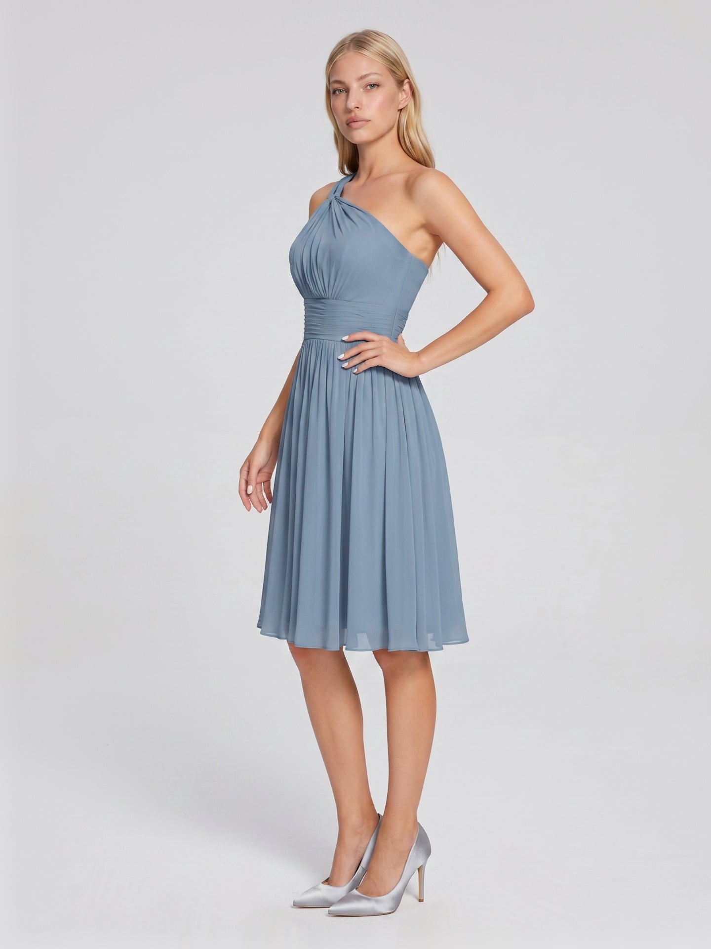 Dusty Blue Chiffon A-Line One Shoulder Back Zip Knee-Length Bridesmaid Dress with Pleats - Curvevia