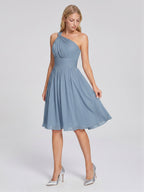 Dusty Blue Chiffon A-Line One Shoulder Back Zip Knee-Length Bridesmaid Dress with Pleats - Curvevia