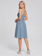 Dusty Blue Chiffon A-Line One Shoulder Back Zip Knee-Length Bridesmaid Dress with Pleats - Curvevia