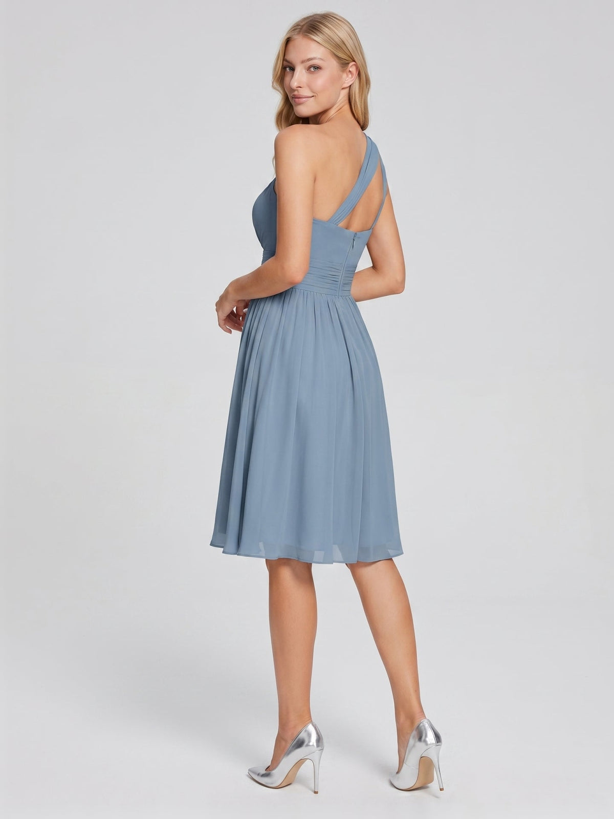 Dusty Blue Chiffon A-Line One Shoulder Back Zip Knee-Length Bridesmaid Dress with Pleats - Curvevia