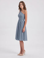 Dusty Blue Chiffon A-Line One Shoulder Side Zip Knee-Length Bridesmaid Dress with Pleats - Curvevia