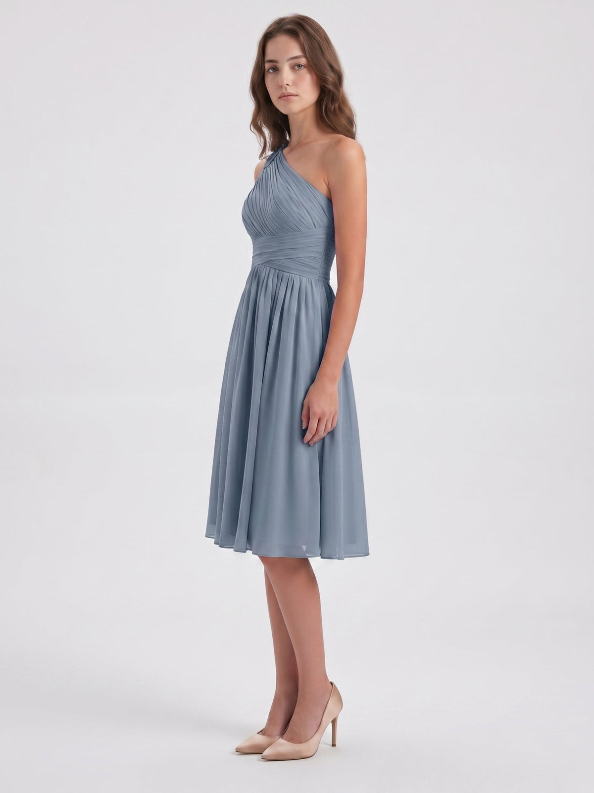 Dusty Blue Chiffon A-Line One Shoulder Side Zip Knee-Length Bridesmaid Dress with Pleats - Curvevia
