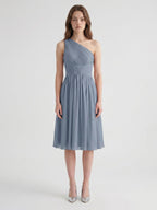 Dusty Blue Chiffon A-Line One Shoulder Side Zip Knee-Length Bridesmaid Dress with Pleats - Curvevia