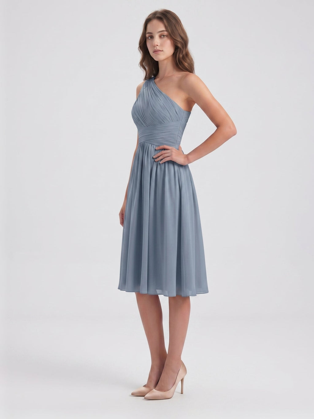Dusty Blue Chiffon A-Line One Shoulder Side Zip Knee-Length Bridesmaid Dress with Pleats - Curvevia
