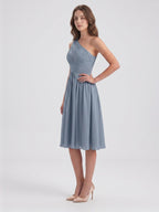 Dusty Blue Chiffon A-Line One Shoulder Side Zip Knee-Length Bridesmaid Dress with Pleats - Curvevia