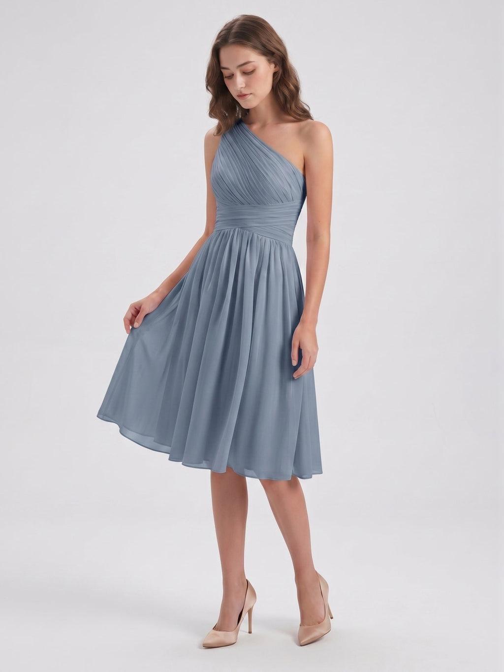 Dusty Blue Chiffon A-Line One Shoulder Side Zip Knee-Length Bridesmaid Dress with Pleats - Curvevia