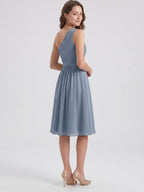 Dusty Blue Chiffon A-Line One Shoulder Side Zip Knee-Length Bridesmaid Dress with Pleats - Curvevia