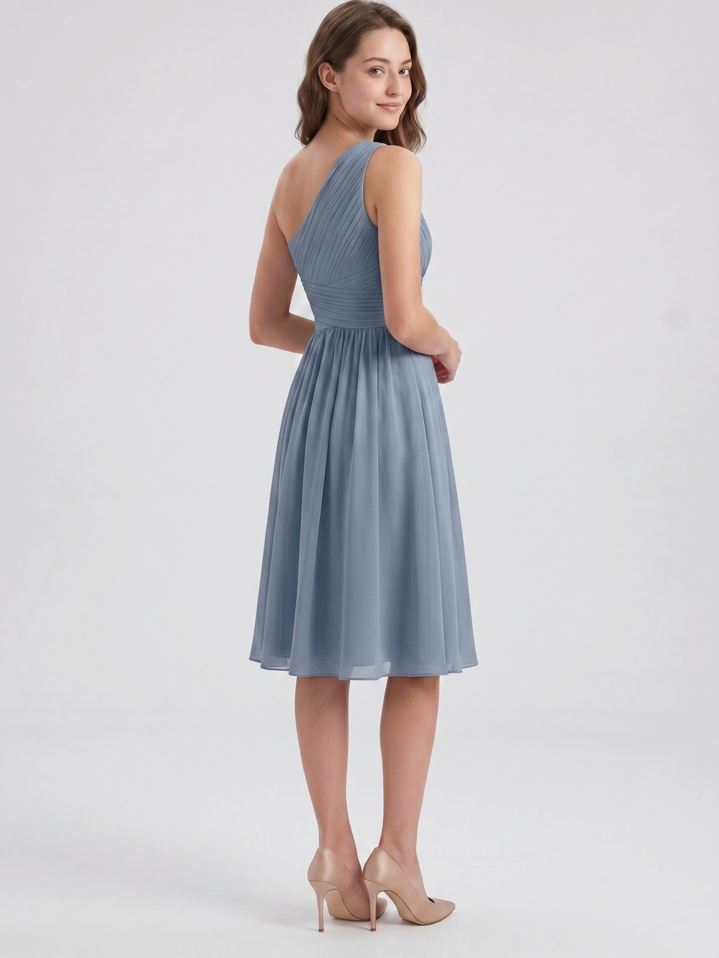 Dusty Blue Chiffon A-Line One Shoulder Side Zip Knee-Length Bridesmaid Dress with Pleats - Curvevia