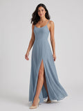 Dusty Blue Chiffon A-Line Scoop Neck Backless Floor-Length Bridesmaid Dress with Pleating - Curvevia