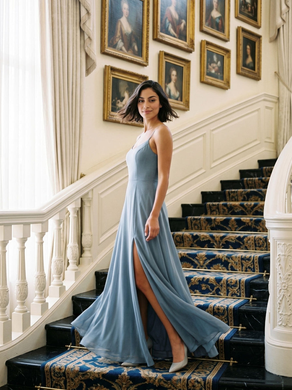 Dusty Blue Chiffon A-Line Scoop Neck Backless Floor-Length Bridesmaid Dress with Pleating - Curvevia