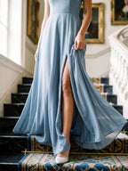 Dusty Blue Chiffon A-Line Scoop Neck Backless Floor-Length Bridesmaid Dress with Pleating - Curvevia