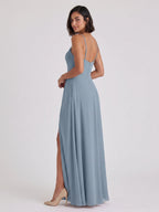 Dusty Blue Chiffon A-Line Scoop Neck Backless Floor-Length Bridesmaid Dress with Pleating - Curvevia