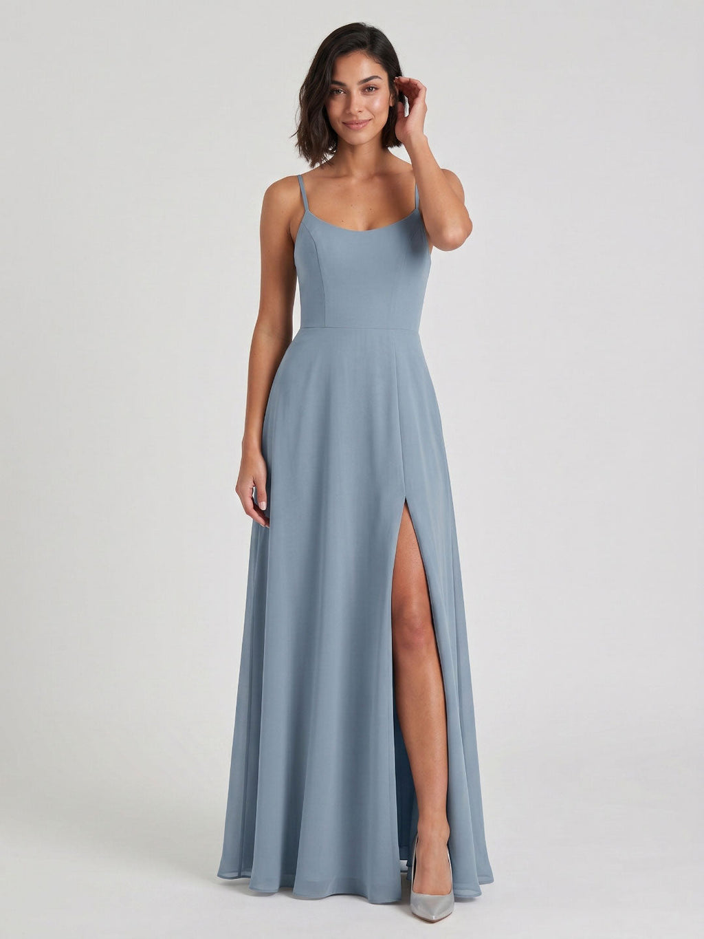 Dusty Blue Chiffon A-Line Scoop Neck Backless Floor-Length Bridesmaid Dress with Pleating - Curvevia