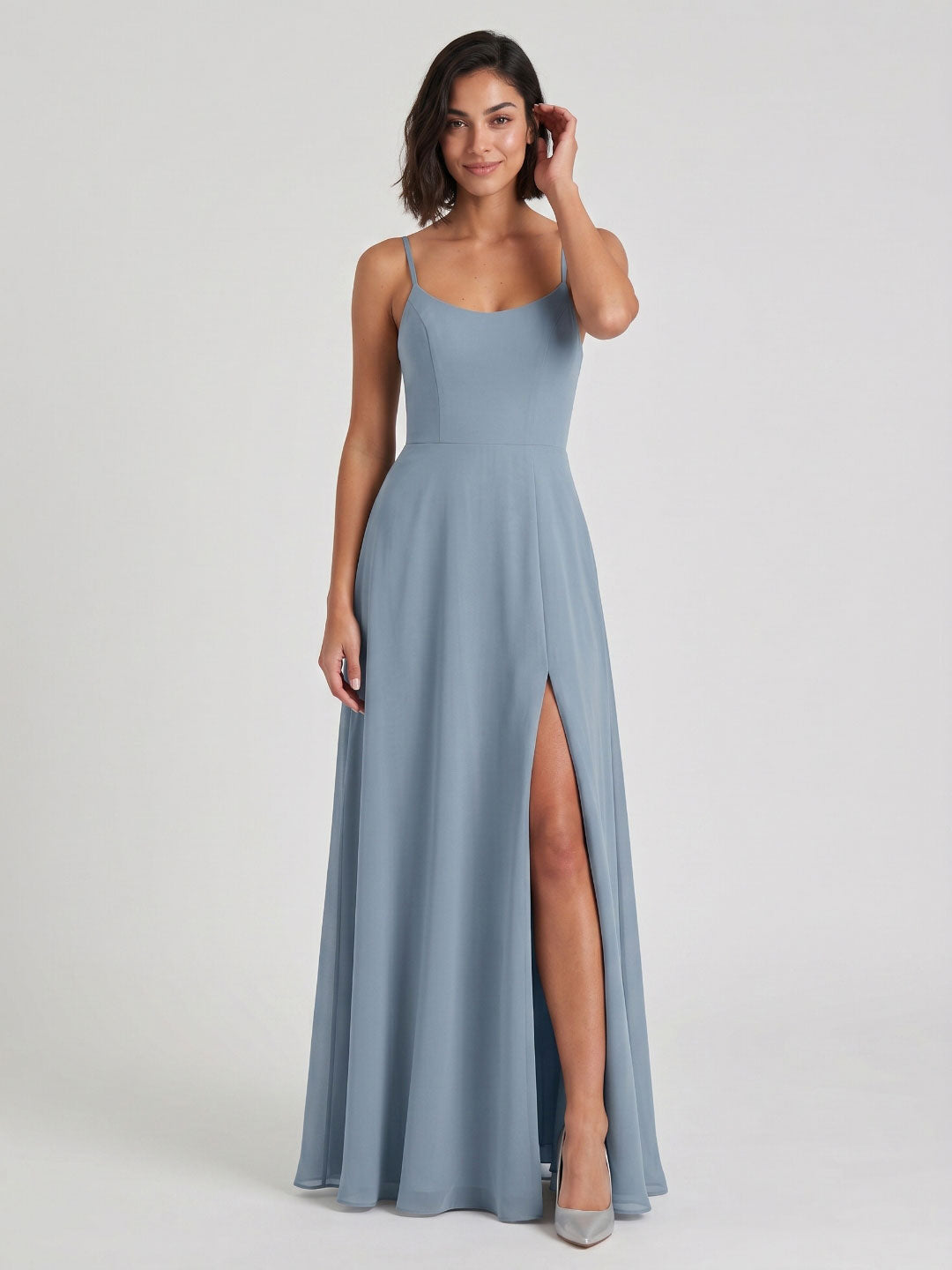 Dusty Blue Chiffon A-Line Scoop Neck Backless Floor-Length Bridesmaid Dress with Pleating - Curvevia