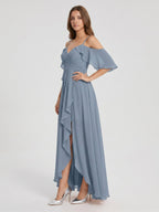 Dusty Blue Chiffon A-Line V-Neck Back Zip Asymmetrical Bridesmaid Dress with Pleats - Curvevia